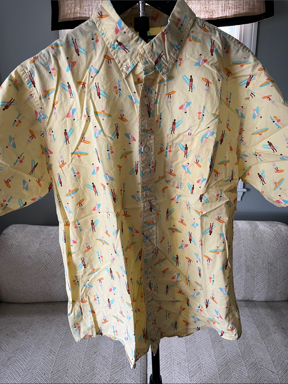 Lands' End Pale Yellow Surfboard Print Button-Up